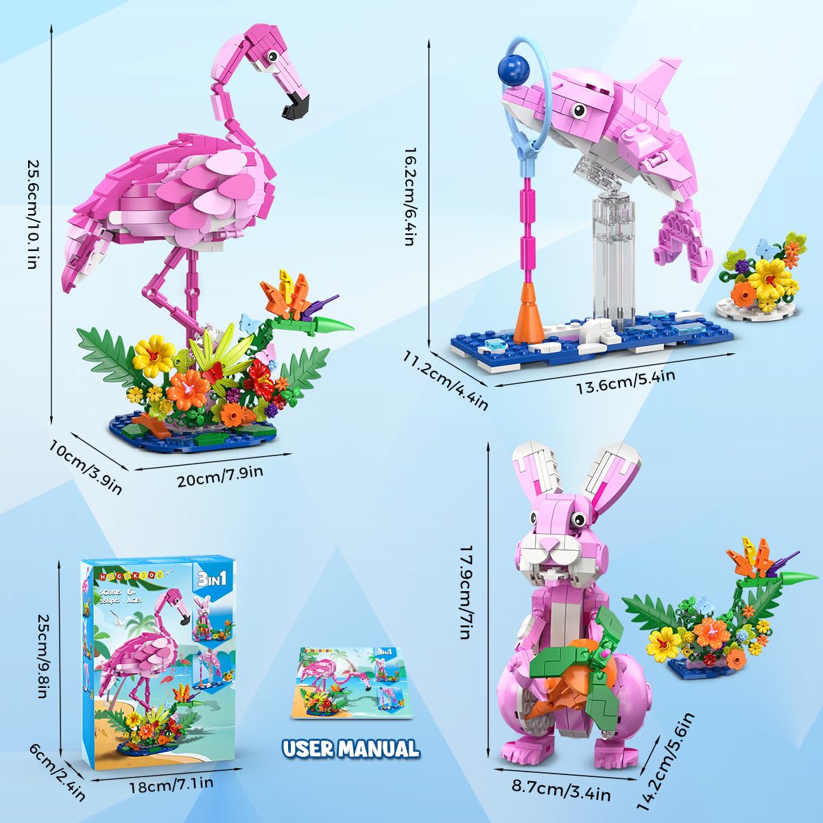 HOGOKIDS 3 in 1 Pink Flamingo Building Set – 558 PCS, Flamingo, Bunny & Dolphin