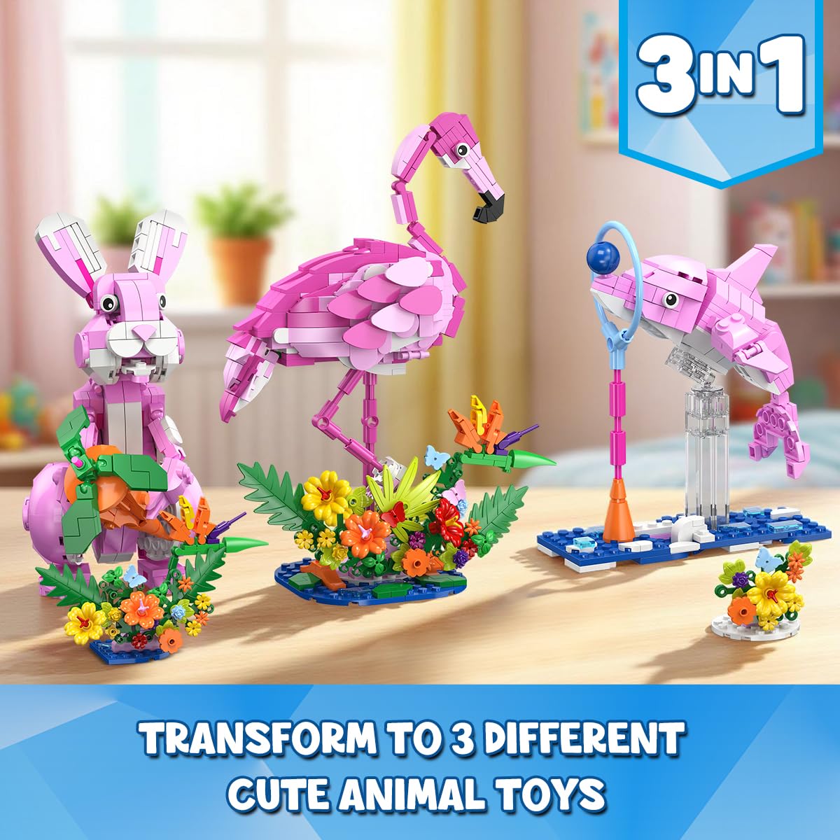 HOGOKIDS 3 in 1 Pink Flamingo Building Set – 558 PCS, Flamingo, Bunny & Dolphin