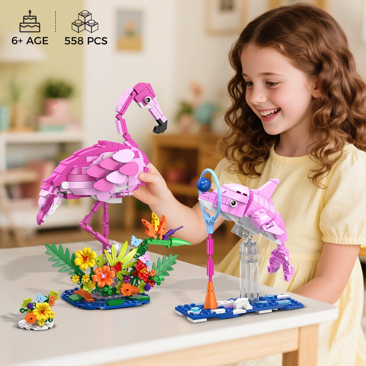 HOGOKIDS 3 in 1 Pink Flamingo Building Set – 558 PCS, Flamingo, Bunny & Dolphin