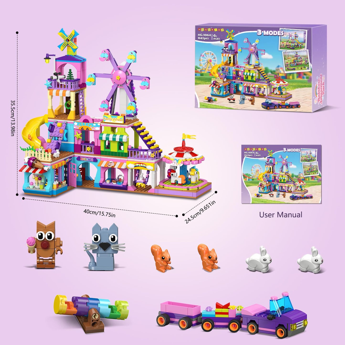 HOGOKIDS 3 Modes Girls Park Building Set – Ferris Wheel, Carousel & Slide (Ages 8-12)