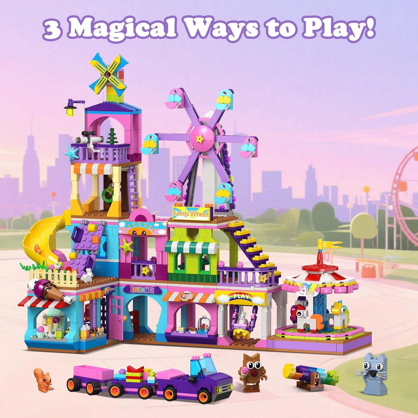 HOGOKIDS 3 Modes Girls Park Building Set – Ferris Wheel, Carousel & Slide (Ages 8-12)