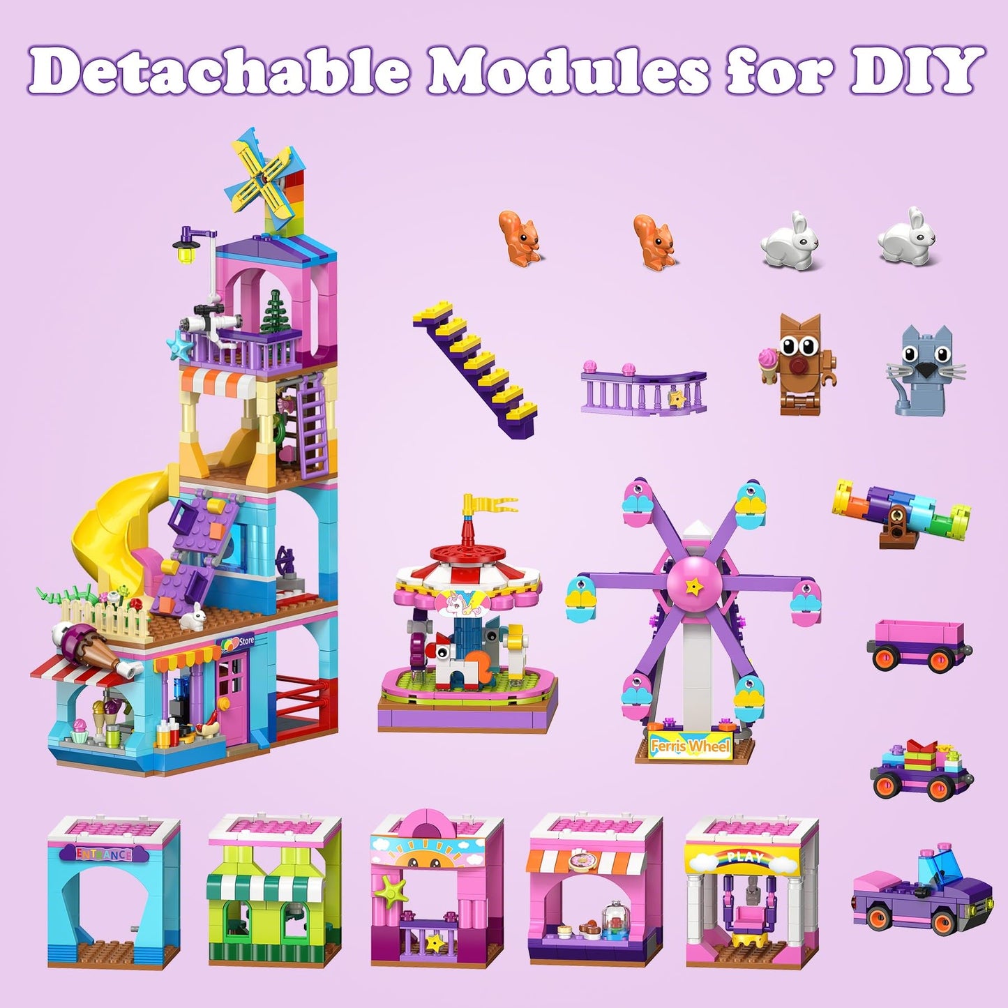 HOGOKIDS 3 Modes Girls Park Building Set – Ferris Wheel, Carousel & Slide (Ages 8-12)