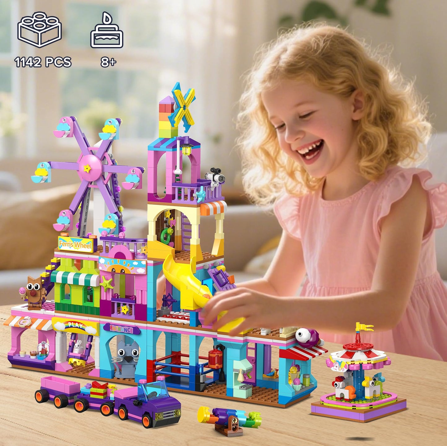HOGOKIDS 3 Modes Girls Park Building Set – Ferris Wheel, Carousel & Slide (Ages 8-12)