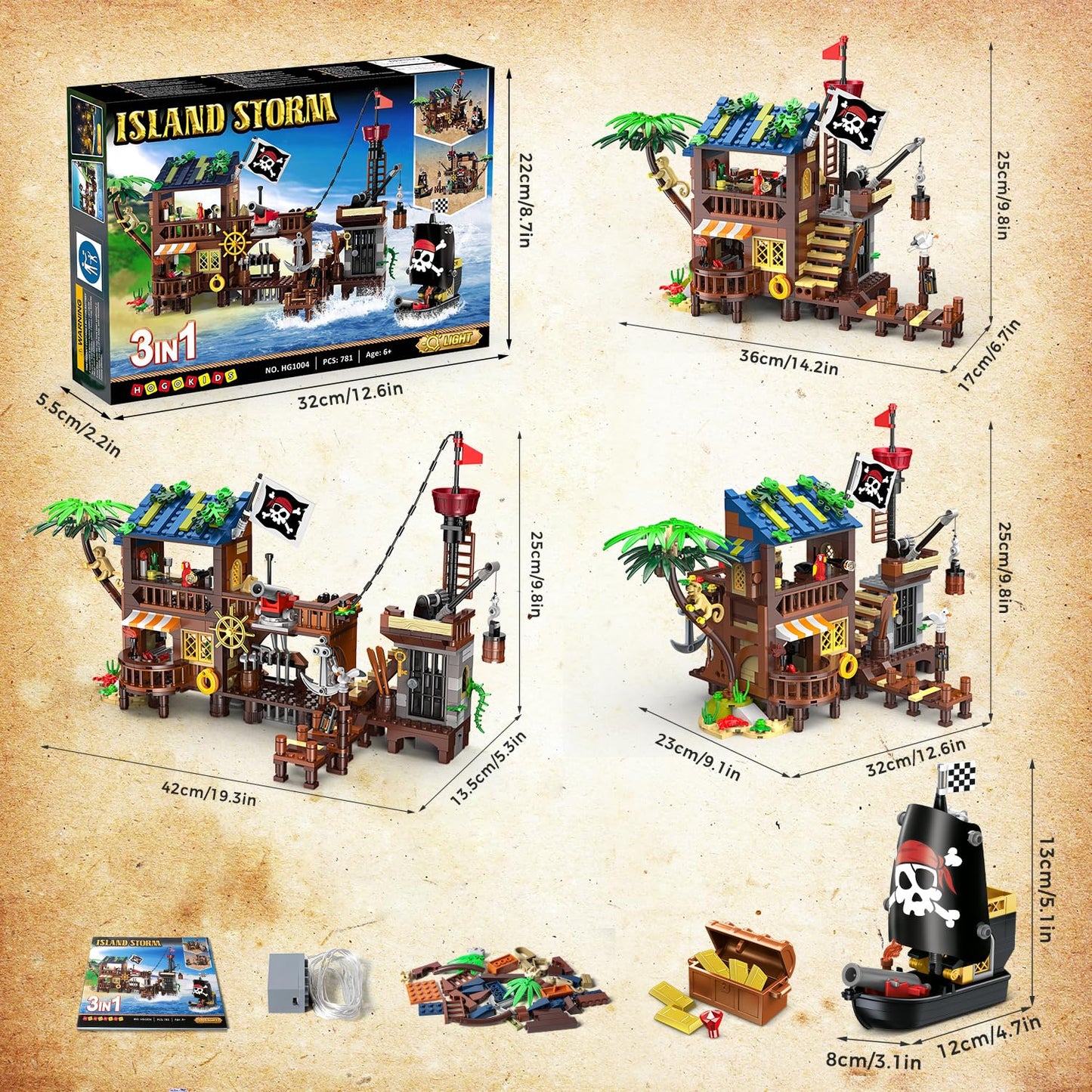 HOGOKIDS Pirate Ship House with LED Light – 781 Pcs STEM Kit (Ages 6-12+)