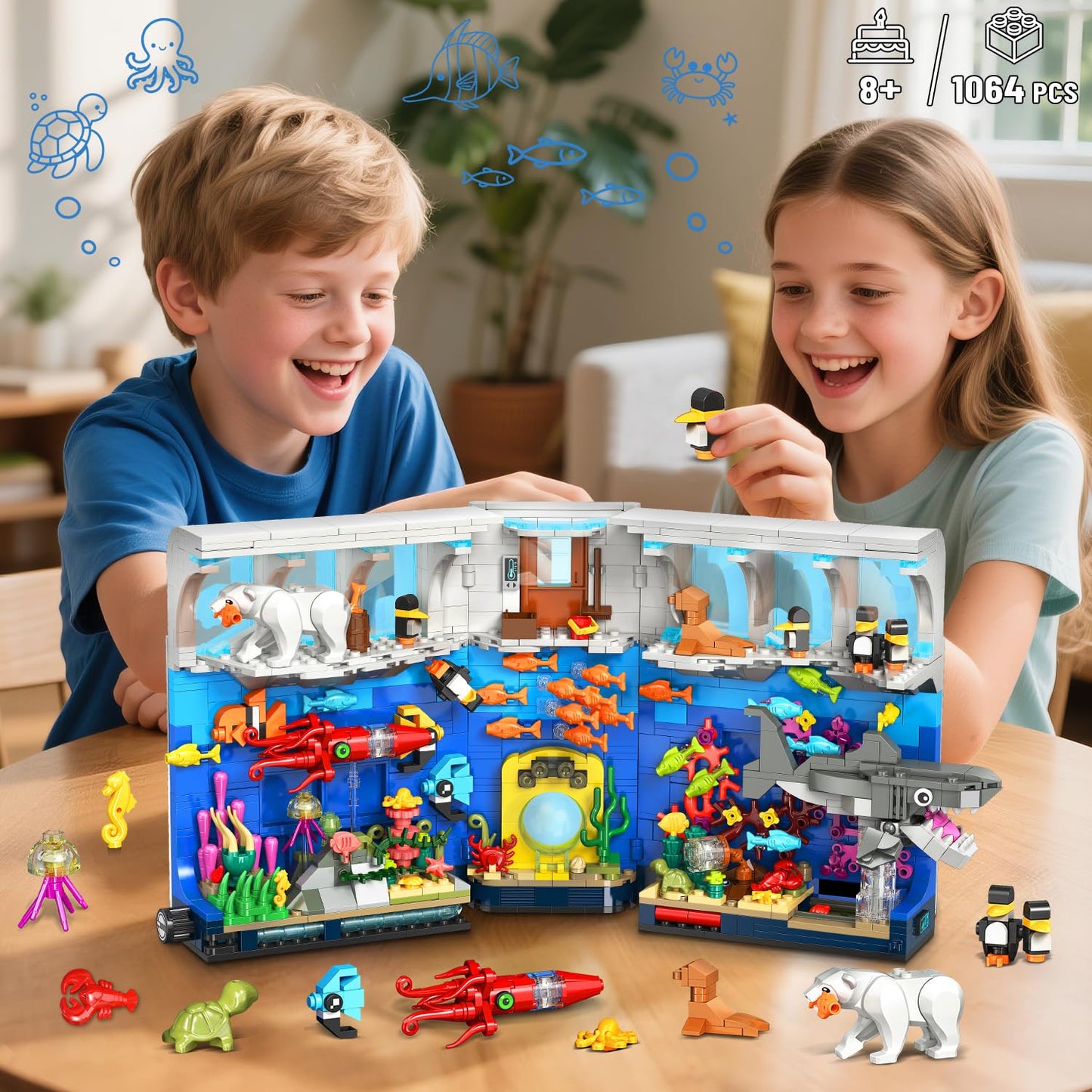 HOGOKIDS Aquarium Book Nook Building Set with Lights – 1064 Pieces
