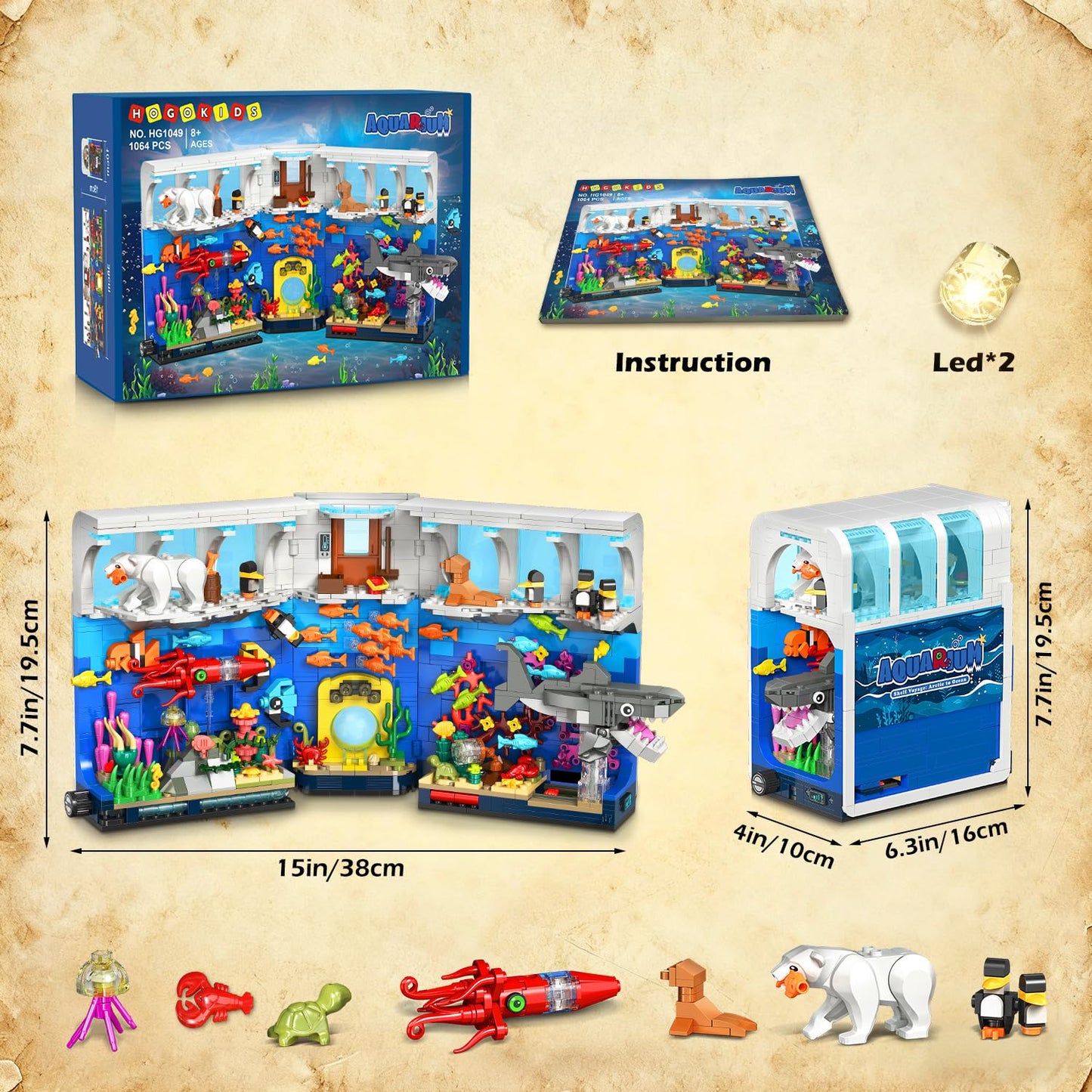 HOGOKIDS Aquarium Book Nook Building Set with Lights – 1064 Pieces