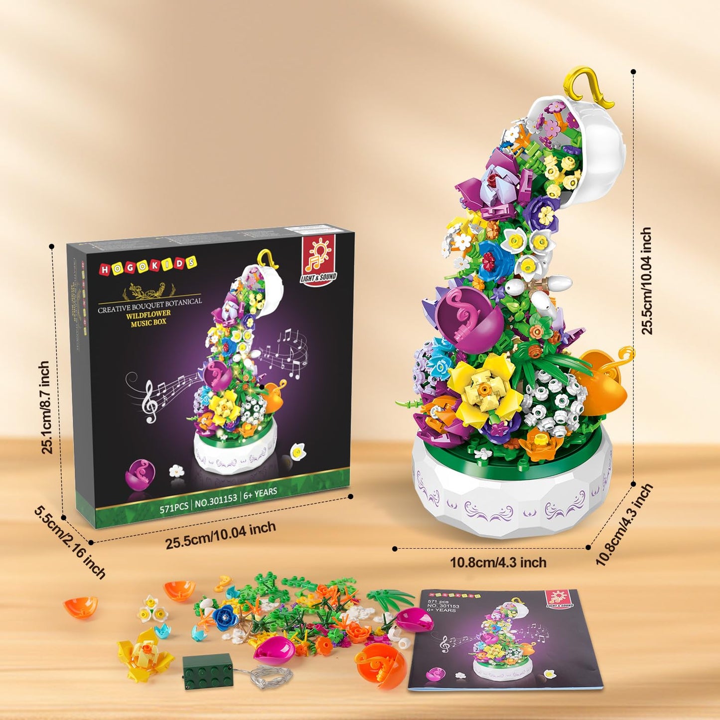 HOGOKIDS Flowers Music Box Building Block Kit with Light - 571PCS | Romantic Botanical Decor Gift