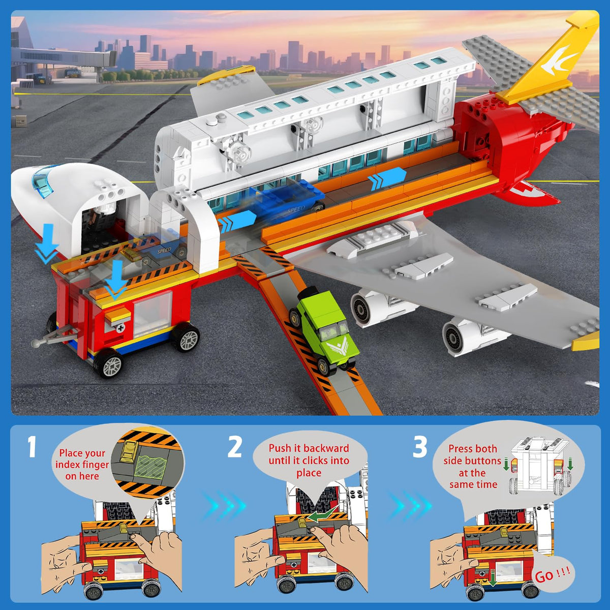 HOGOKIDS 2-Style City Airplane Building Set with LED Light — Plane Building Blocks with 3 Cars (Ages 6-12+)