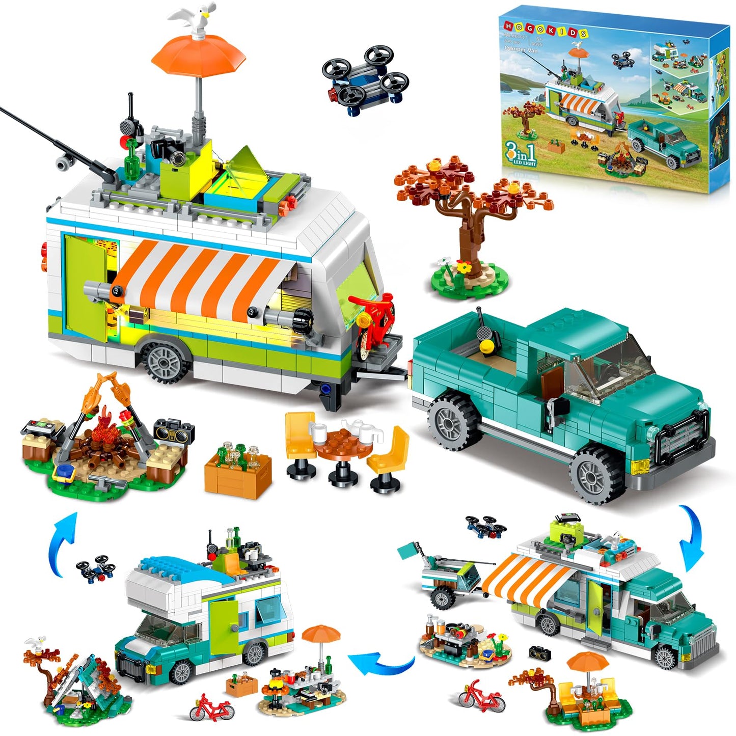 HOGOKIDS City Camper Van Building Set with LED Light - 3-in-1 RV Toy (879 PCS) for Kids 6-12