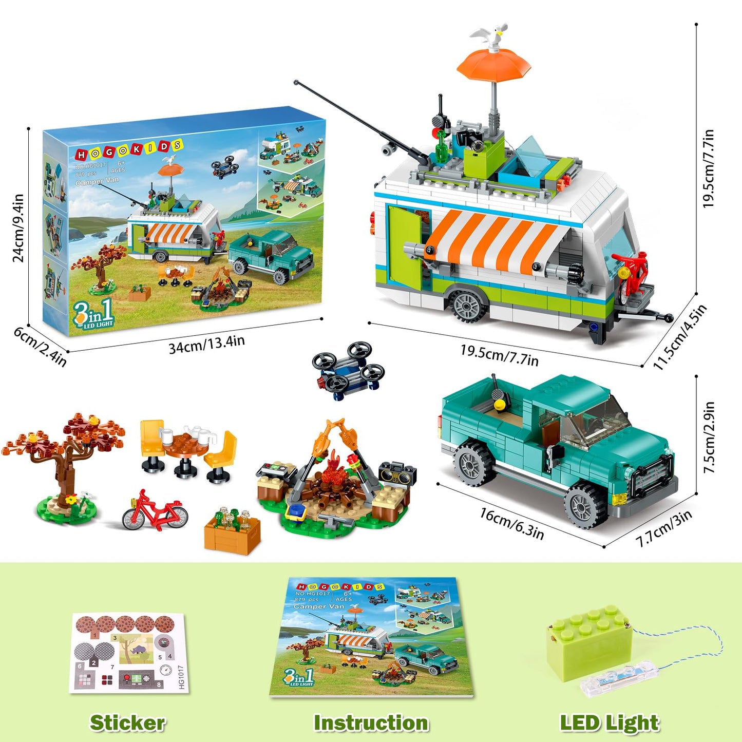 HOGOKIDS City Camper Van Building Set with LED Light - 3-in-1 RV Toy (879 PCS) for Kids 6-12