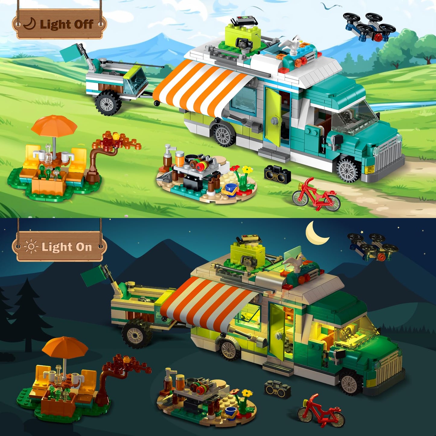 HOGOKIDS City Camper Van Building Set with LED Light - 3-in-1 RV Toy (879 PCS) for Kids 6-12