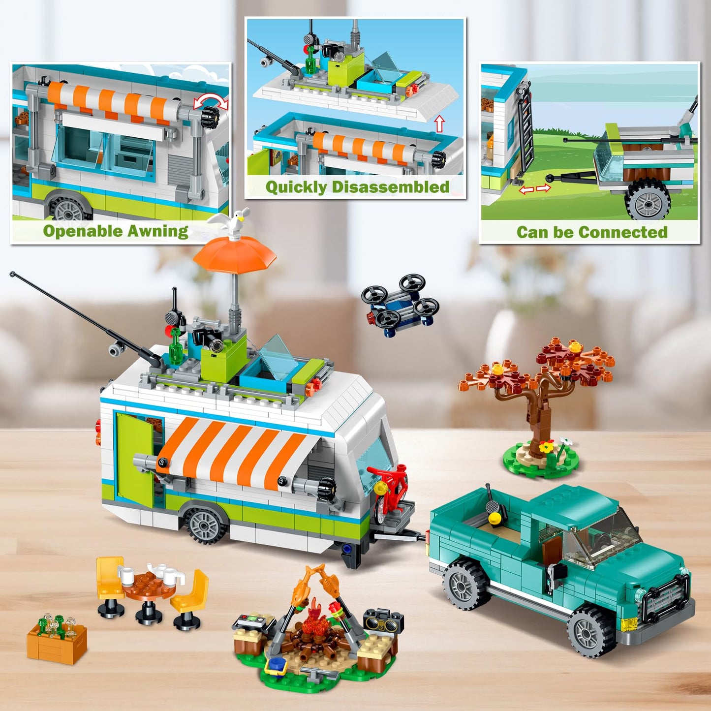 HOGOKIDS City Camper Van Building Set with LED Light - 3-in-1 RV Toy (879 PCS) for Kids 6-12