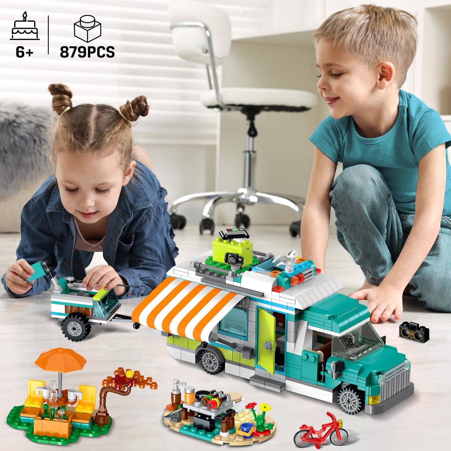 HOGOKIDS City Camper Van Building Set with LED Light - 3-in-1 RV Toy (879 PCS) for Kids 6-12
