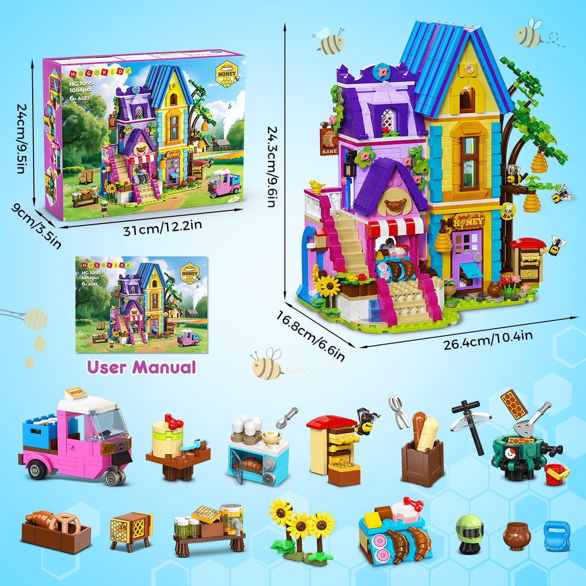 HOGOKIDS Beekeeping & Bakery House - 1084-Piece LED Building Toy for Kids 8–14