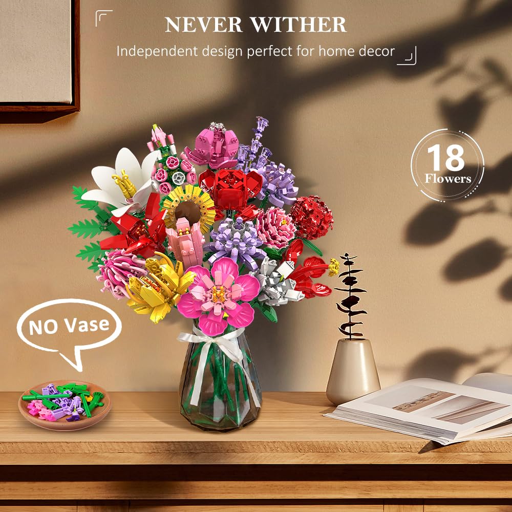HOGOKIDS Flower Bouquet Set for Adults – 1461PCS DIY Floral Kit & Gift