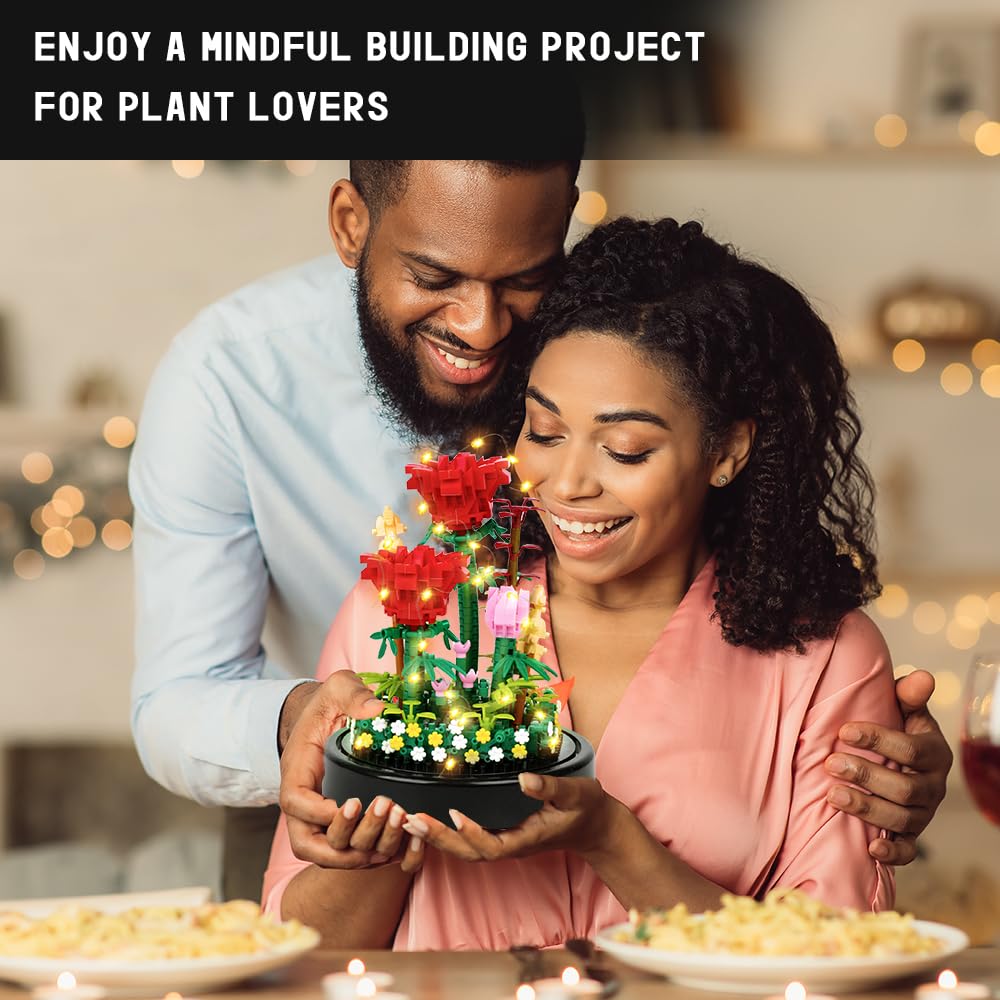 HOGOKIDS Flower Bouquet Building Kit with LED Lighting – 596 Pcs Rose Sets with Cover