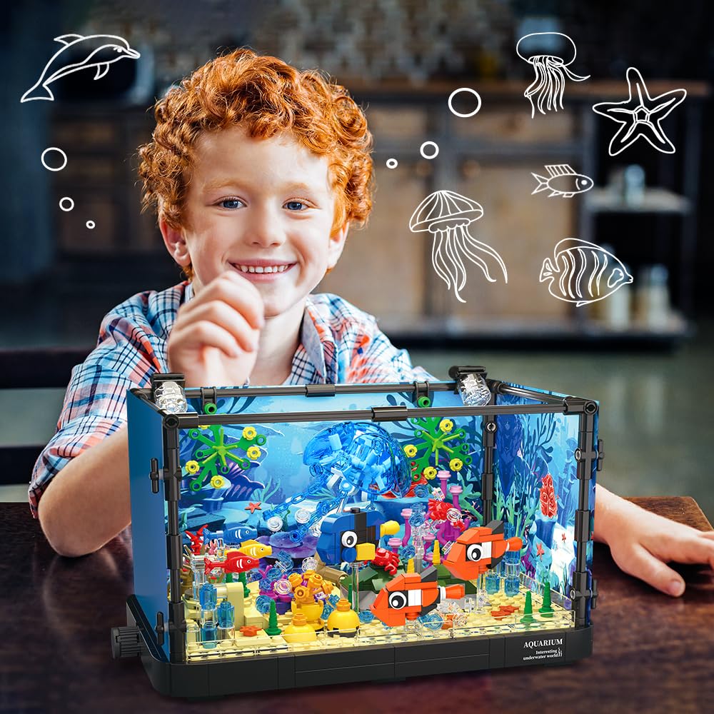 HOGOKIDS Fish Tank Building Set with LED Light | Movable Aquarium Toy 725PCS