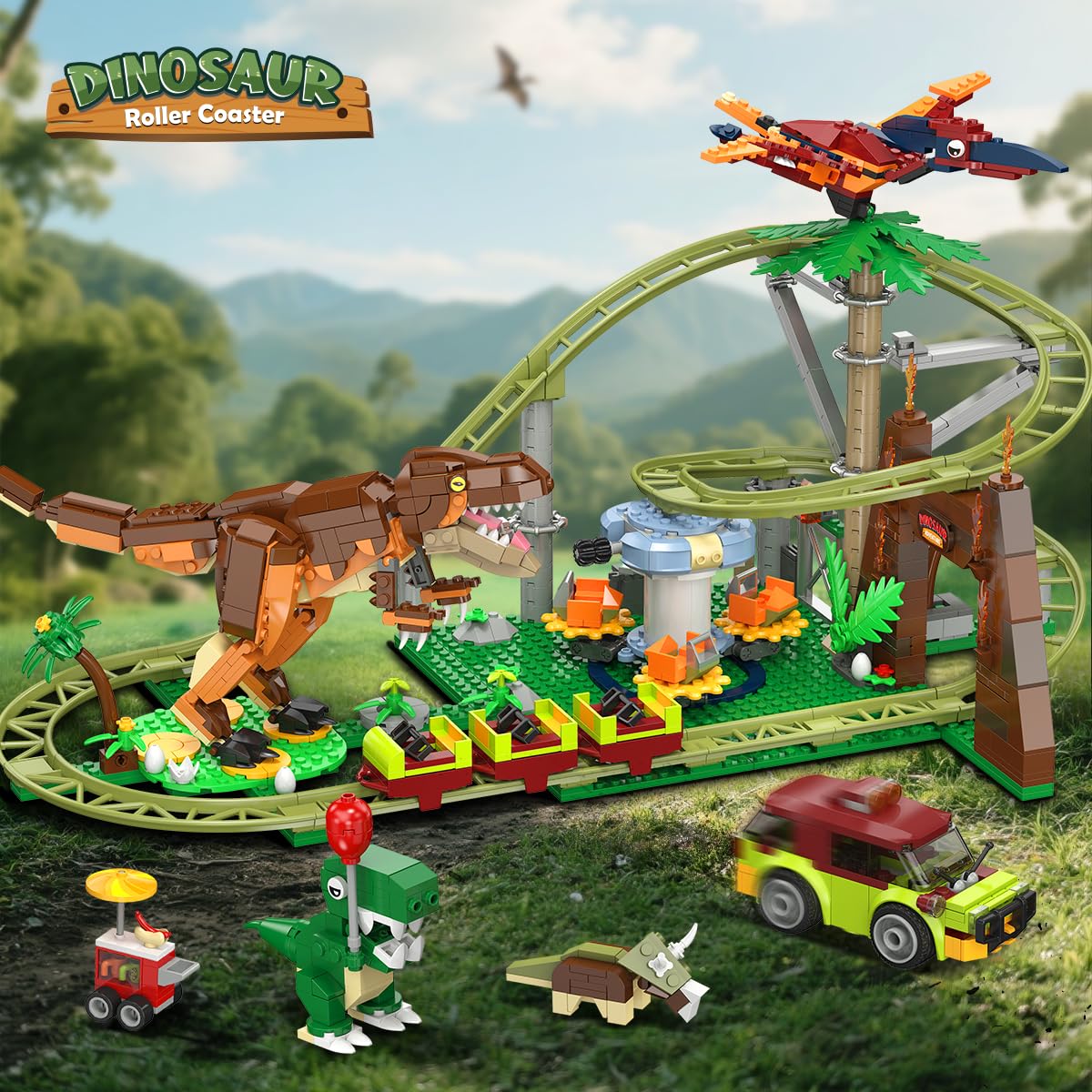 HOGOKIDS Dinosaur Roller Coaster Set – 1222-Pieces with Dinosaurs & Vehicle (Ages 8-12)