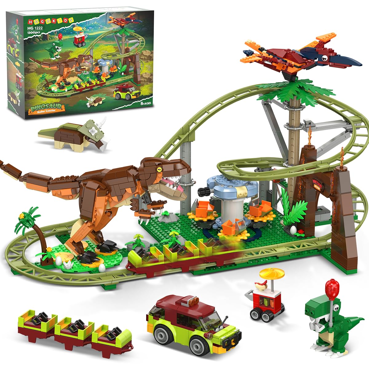 HOGOKIDS Dinosaur Roller Coaster Set – 1222-Pieces with Dinosaurs & Vehicle (Ages 8-12)