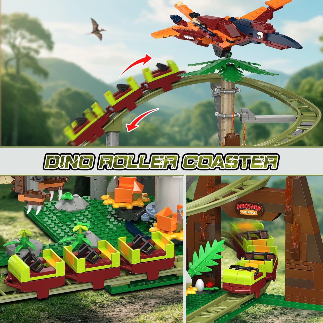 HOGOKIDS Dinosaur Roller Coaster Set – 1222-Pieces with Dinosaurs & Vehicle (Ages 8-12)