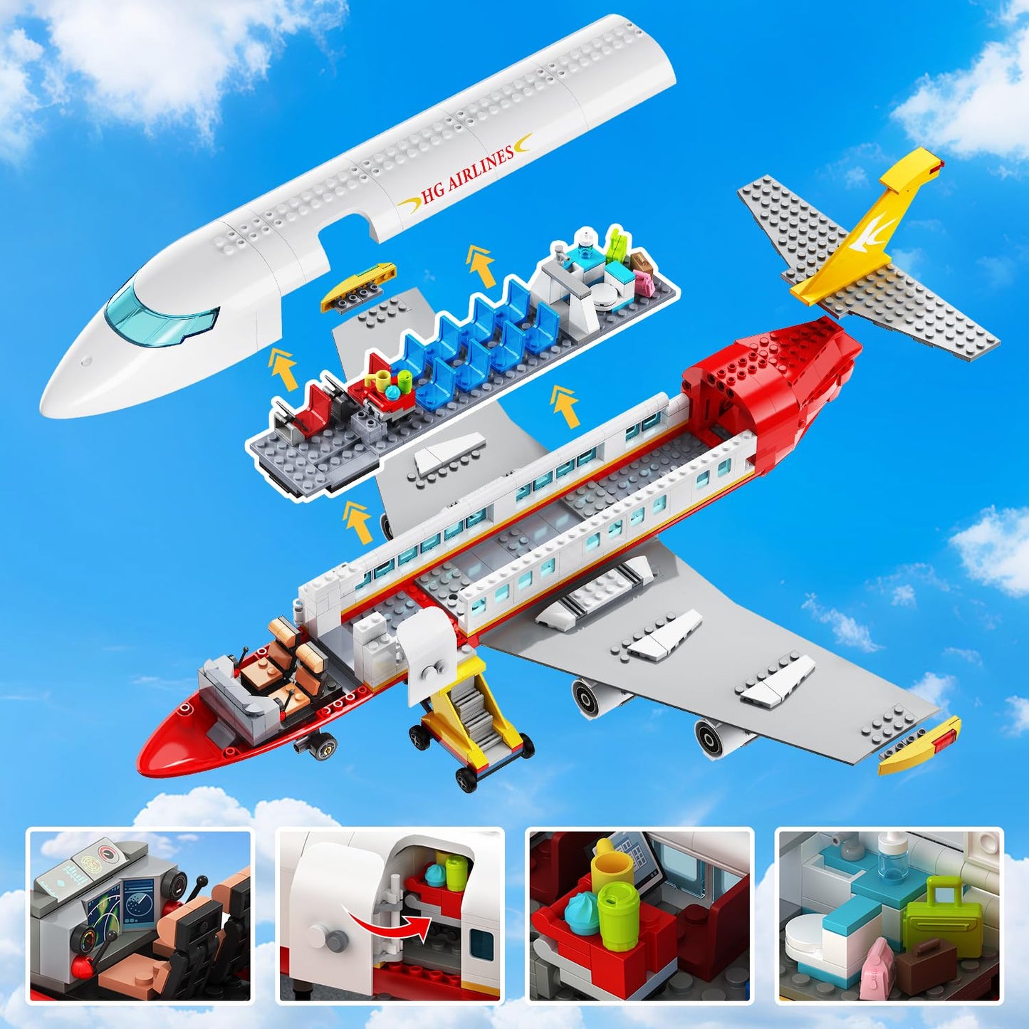 HOGOKIDS 2-Style City Airplane Building Set with LED Light — Plane Building Blocks with 3 Cars (Ages 6-12+)