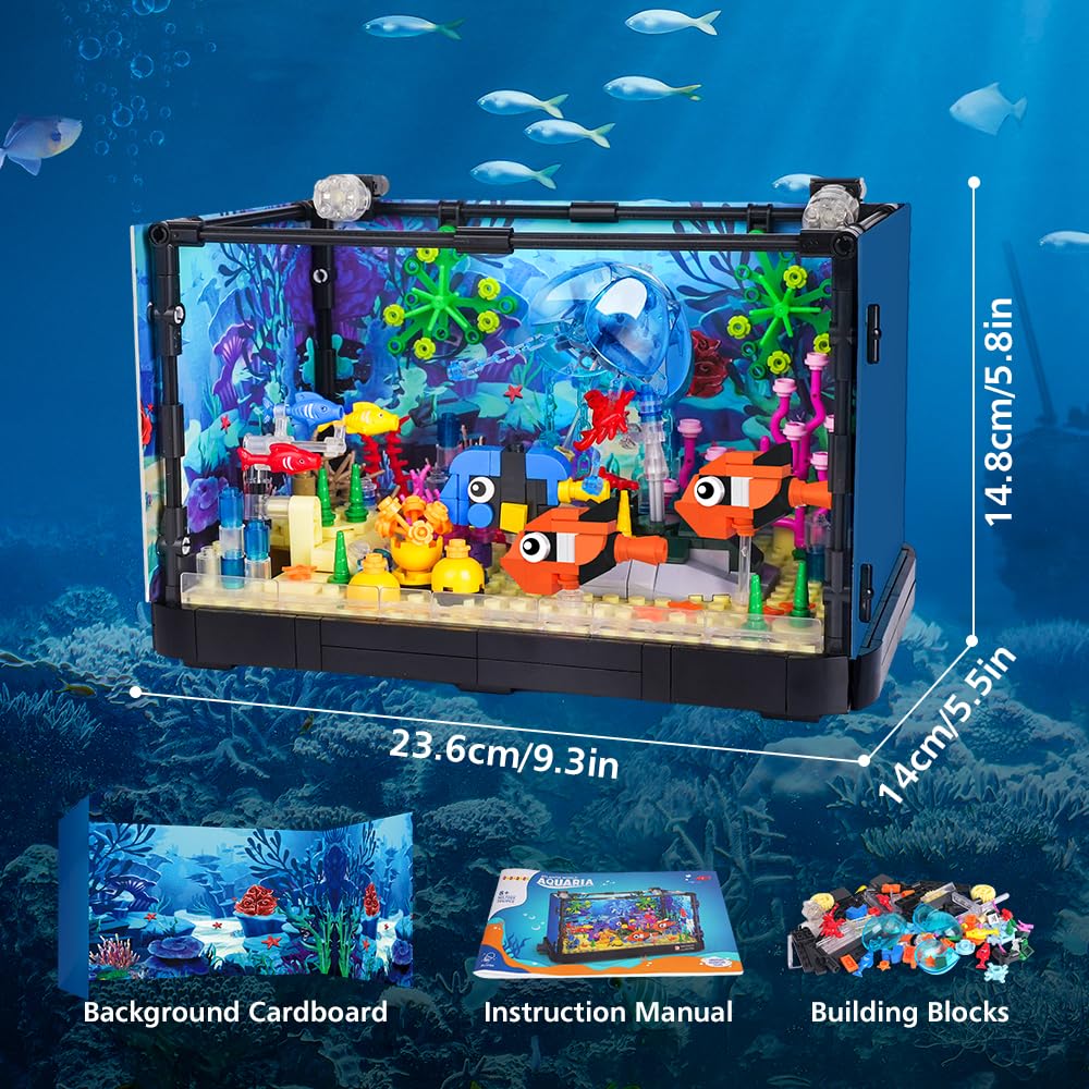 HOGOKIDS Fish Tank Building Set with LED Light | Movable Aquarium Toy 725PCS
