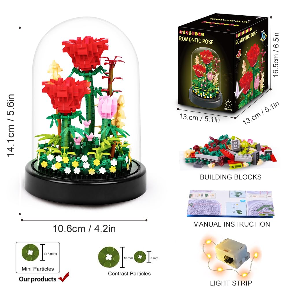 HOGOKIDS Flower Bouquet Building Kit with LED Lighting – 596 Pcs Rose Sets with Cover