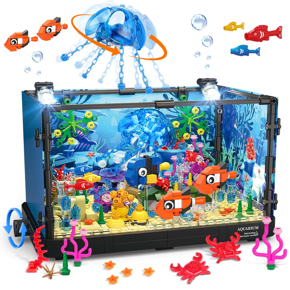 HOGOKIDS Fish Tank Building Set with LED Light | Movable Aquarium Toy 725PCS