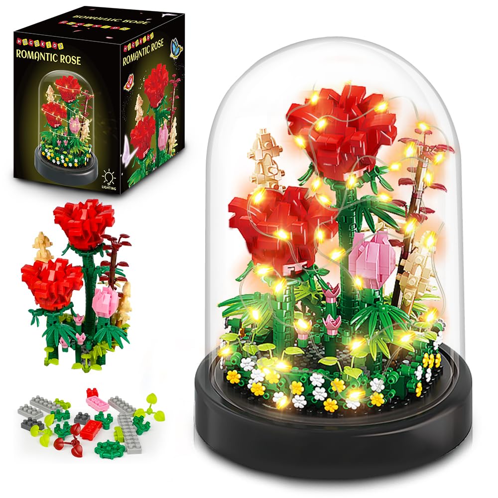 HOGOKIDS Flower Bouquet Building Kit with LED Lighting – 596 Pcs Rose Sets with Cover