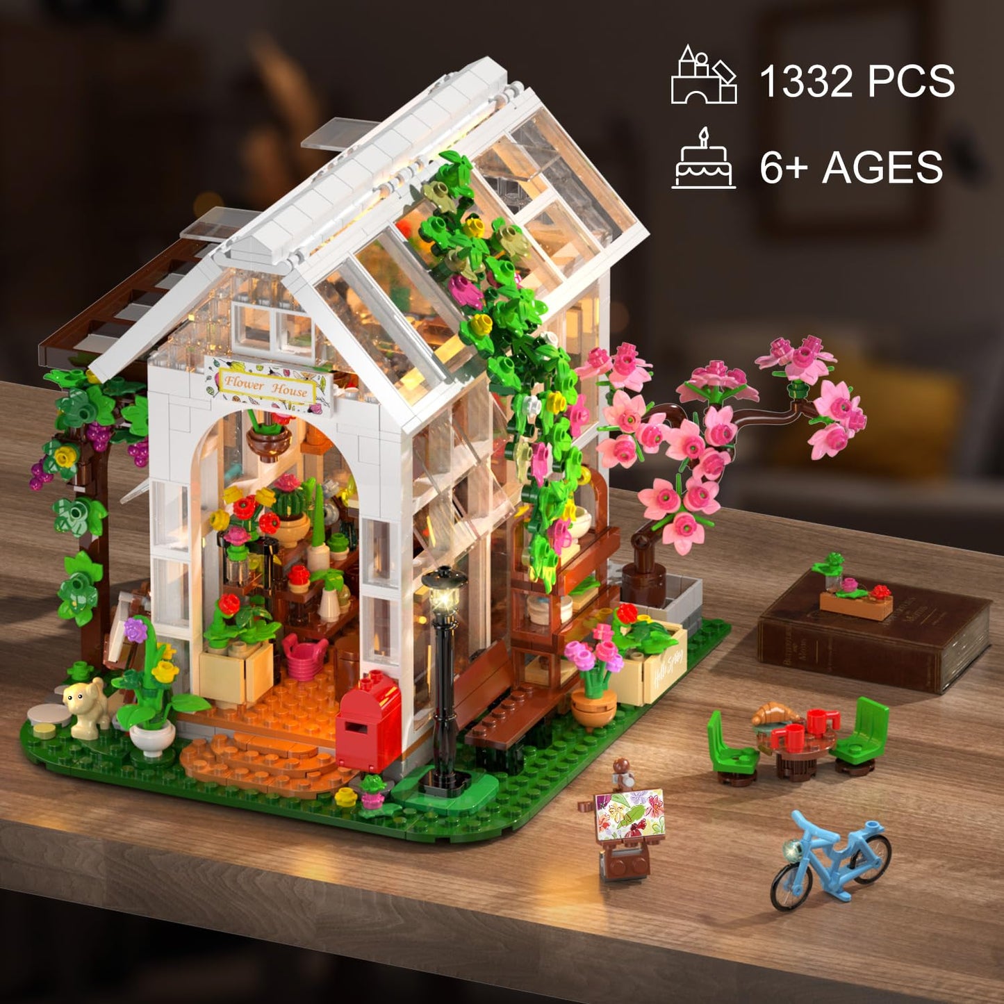 HOGOKIDS Flower House Building Set with LED Light – 1332 PCS Greenhouse Garden Toy