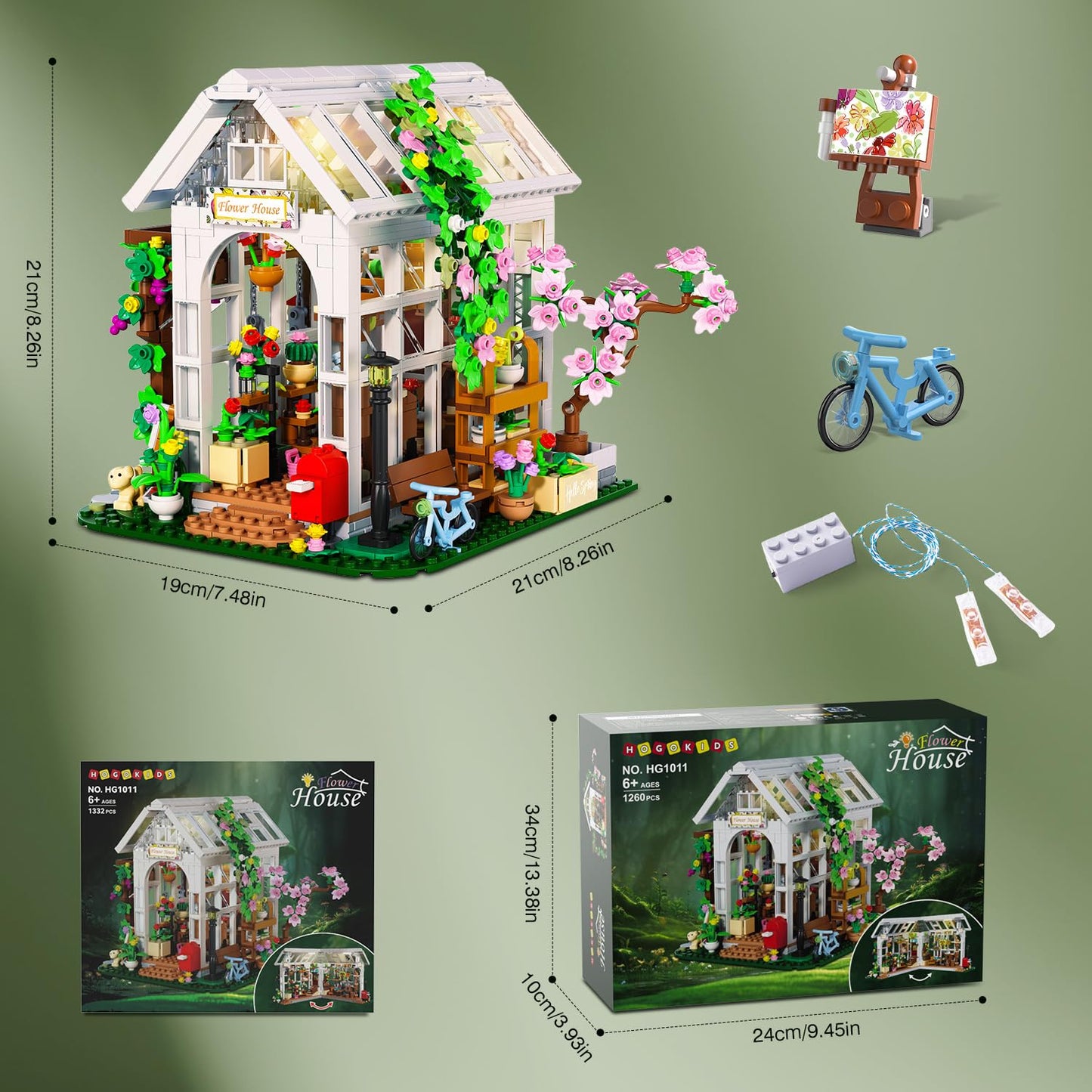 HOGOKIDS Flower House Building Set with LED Light – 1332 PCS Greenhouse Garden Toy