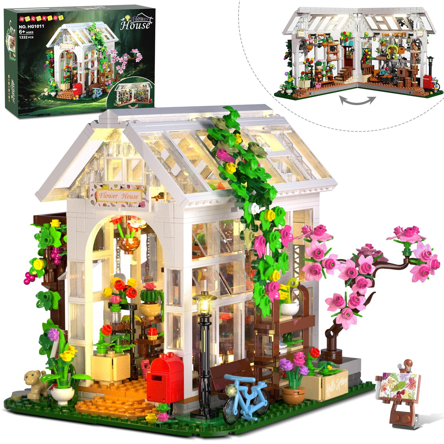 HOGOKIDS Flower House Building Set with LED Light – 1332 PCS Greenhouse Garden Toy