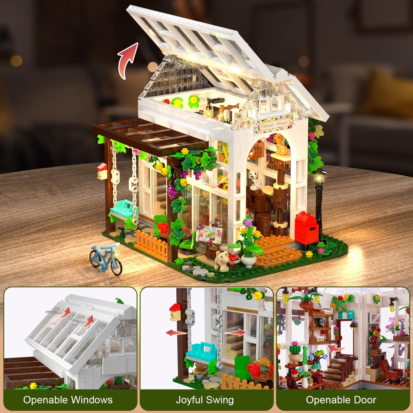 HOGOKIDS Flower House Building Set with LED Light – 1332 PCS Greenhouse Garden Toy