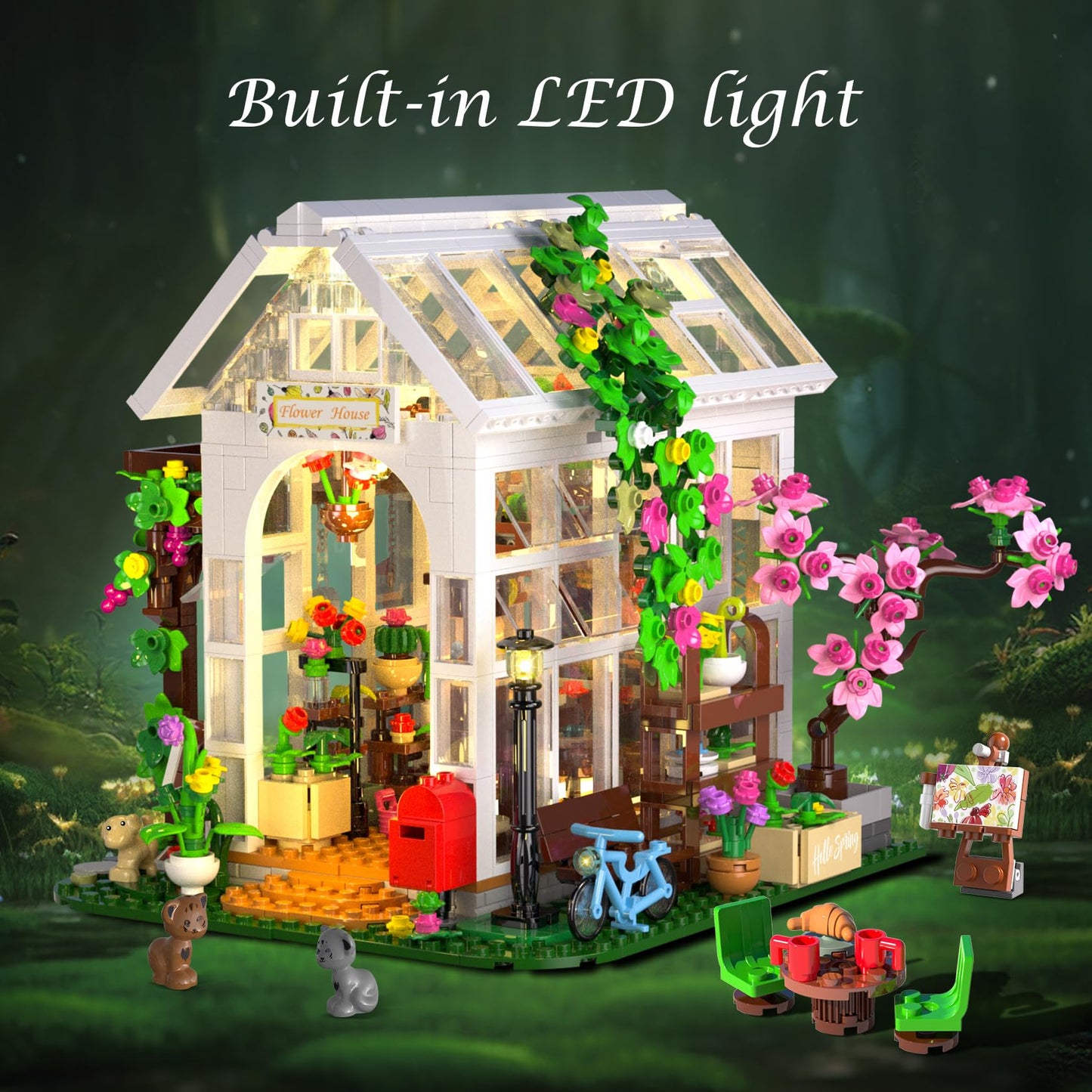 HOGOKIDS Flower House Building Set with LED Light – 1332 PCS Greenhouse Garden Toy