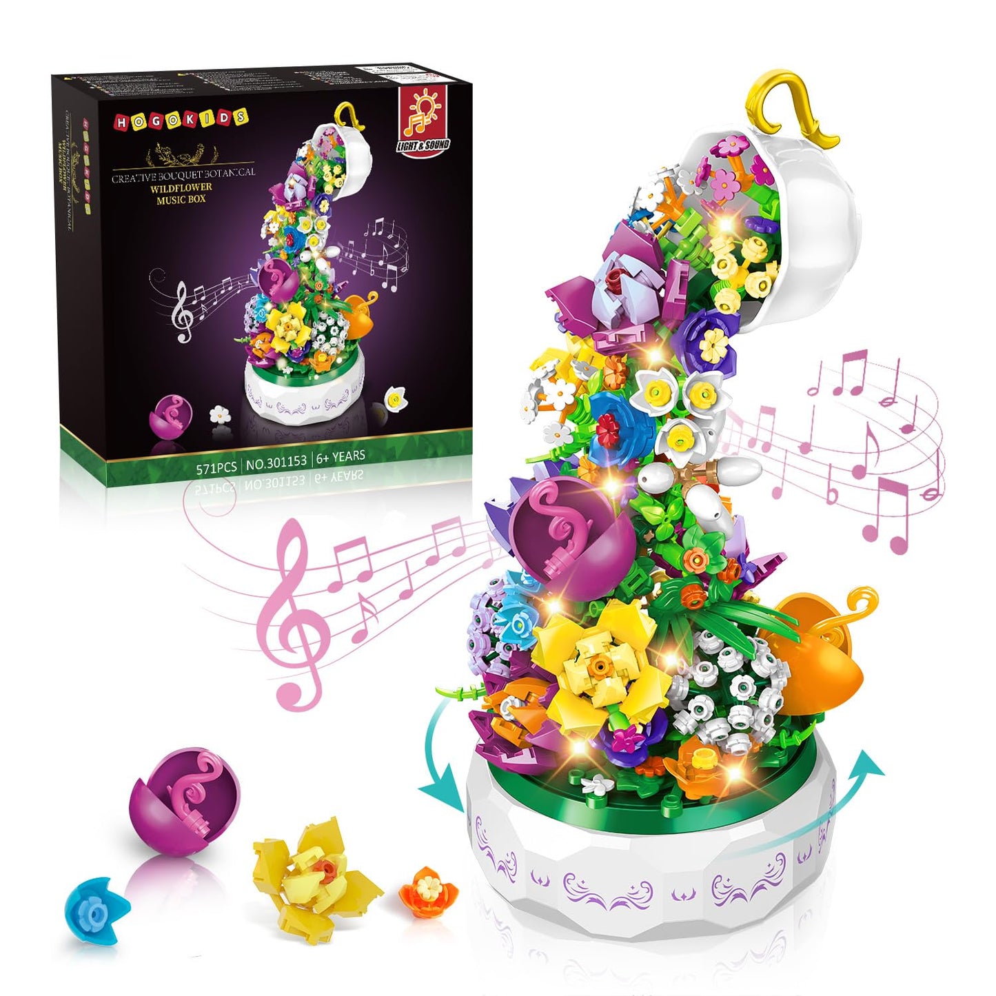 HOGOKIDS Flowers Music Box Building Block Kit with Light - 571PCS | Romantic Botanical Decor Gift