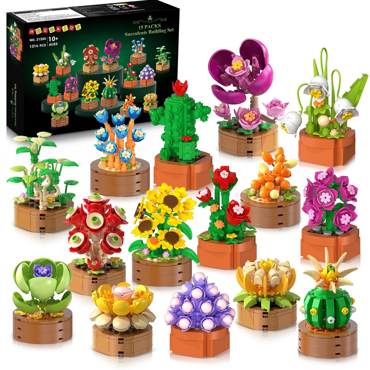 HOGOKIDS 15-Pack Valentines Flowers & Succulents Mini Building Set – 1314PCS