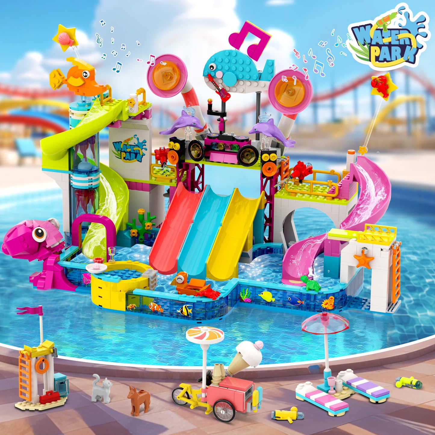 HOGOKIDS Friends Water Park Building Set – 911PCS Summer Fun Toy with 5 Water Slides | Creative Pool Block for Kids 8-12