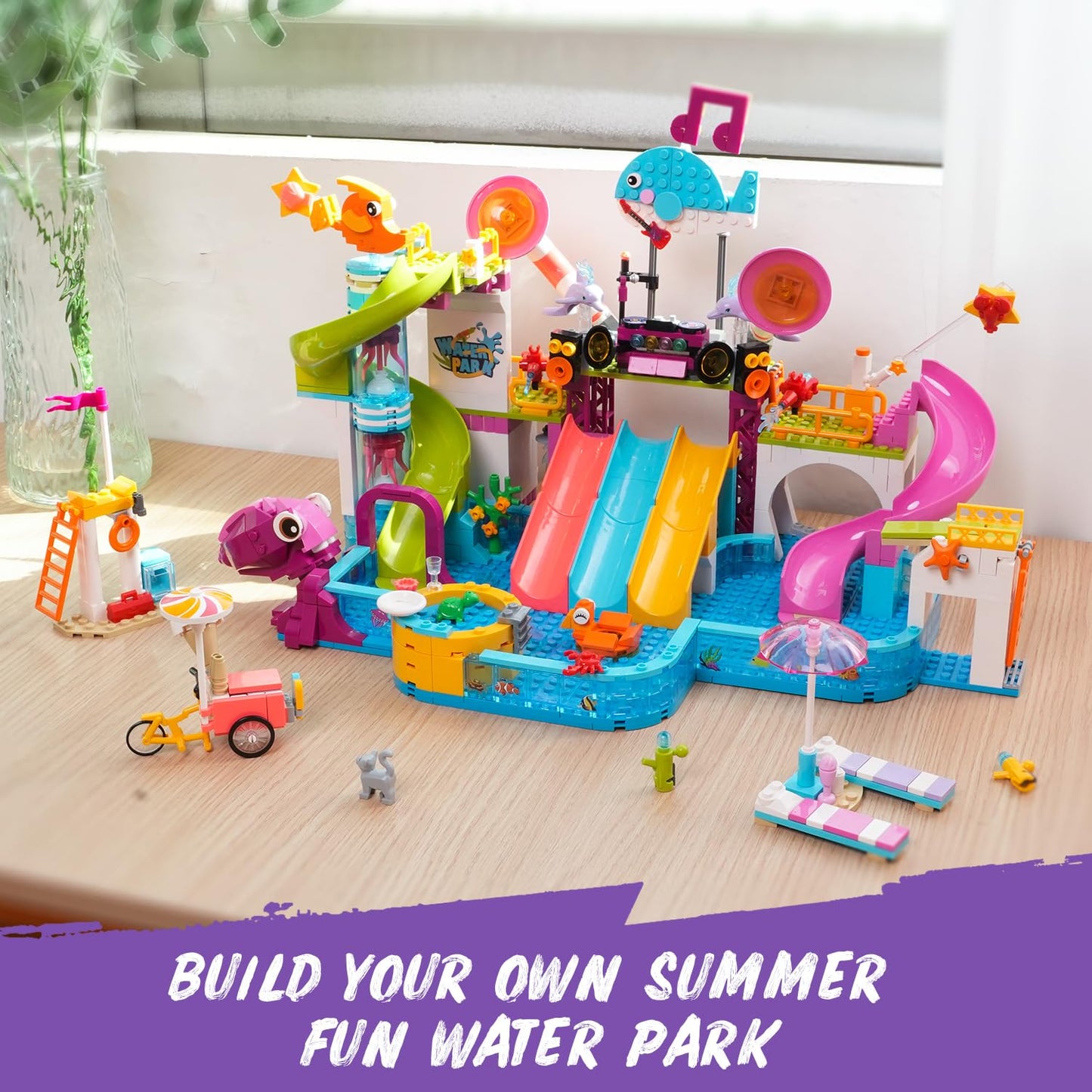 HOGOKIDS Friends Water Park Building Set – 911PCS Summer Fun Toy with 5 Water Slides | Creative Pool Block for Kids 8-12