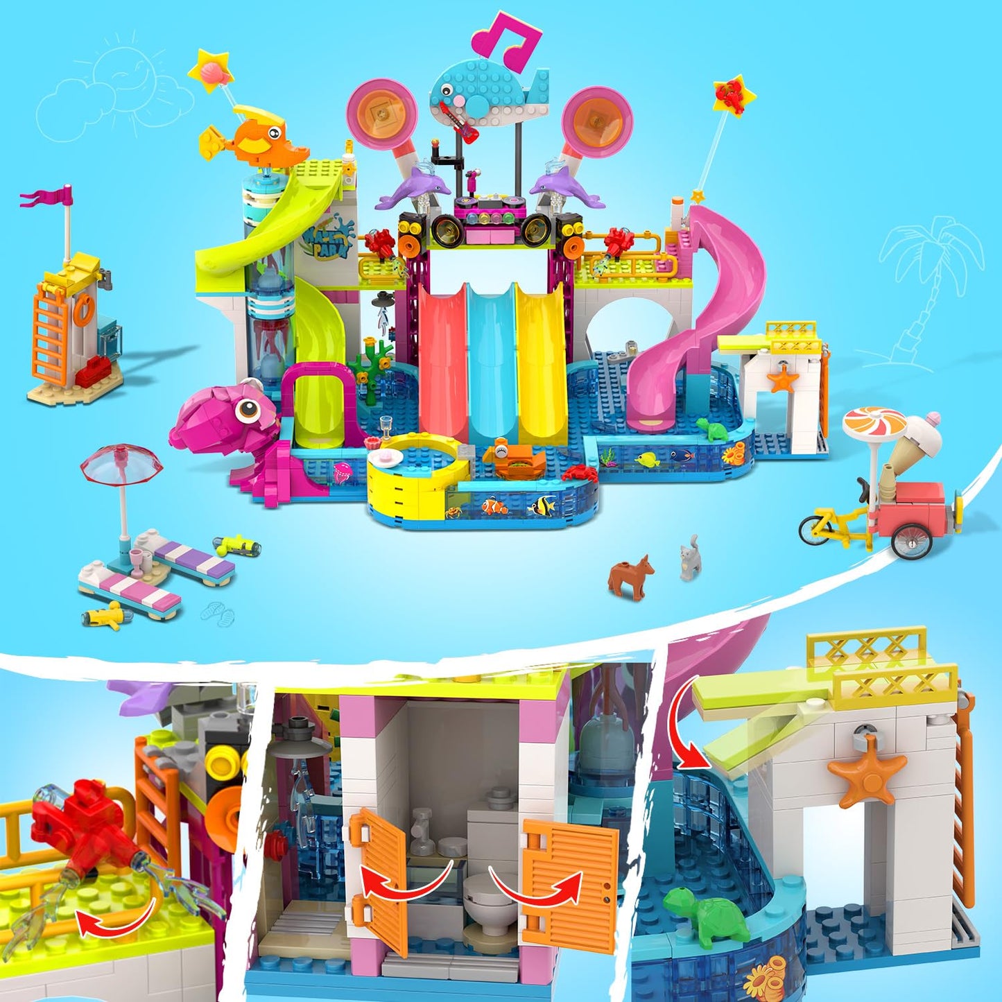 HOGOKIDS Friends Water Park Building Set – 911PCS Summer Fun Toy with 5 Water Slides | Creative Pool Block for Kids 8-12