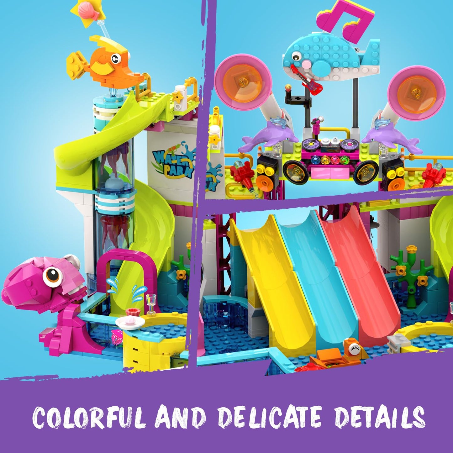 HOGOKIDS Friends Water Park Building Set – 911PCS Summer Fun Toy with 5 Water Slides | Creative Pool Block for Kids 8-12