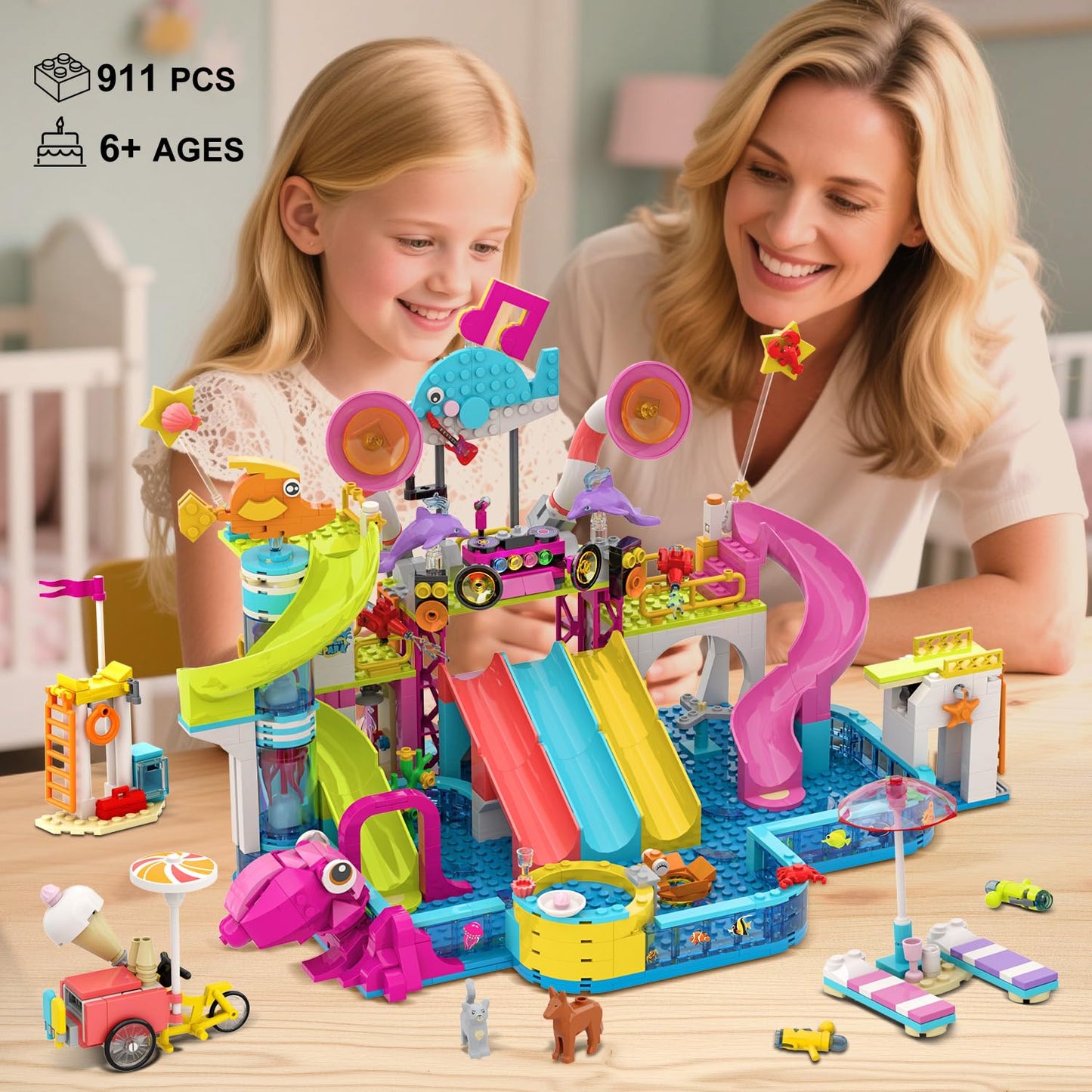HOGOKIDS Friends Water Park Building Set – 911PCS Summer Fun Toy with 5 Water Slides | Creative Pool Block for Kids 8-12