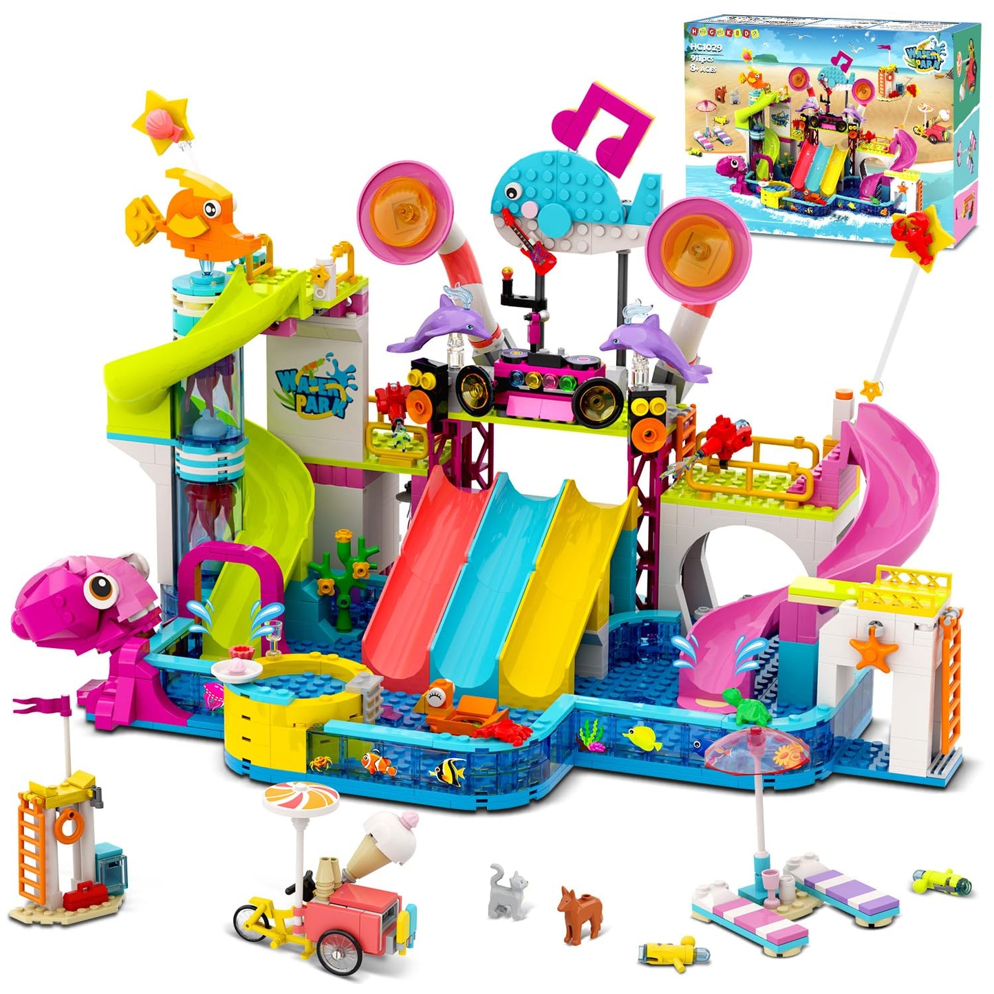HOGOKIDS Friends Water Park Building Set – 911PCS Summer Fun Toy with 5 Water Slides | Creative Pool Block for Kids 8-12