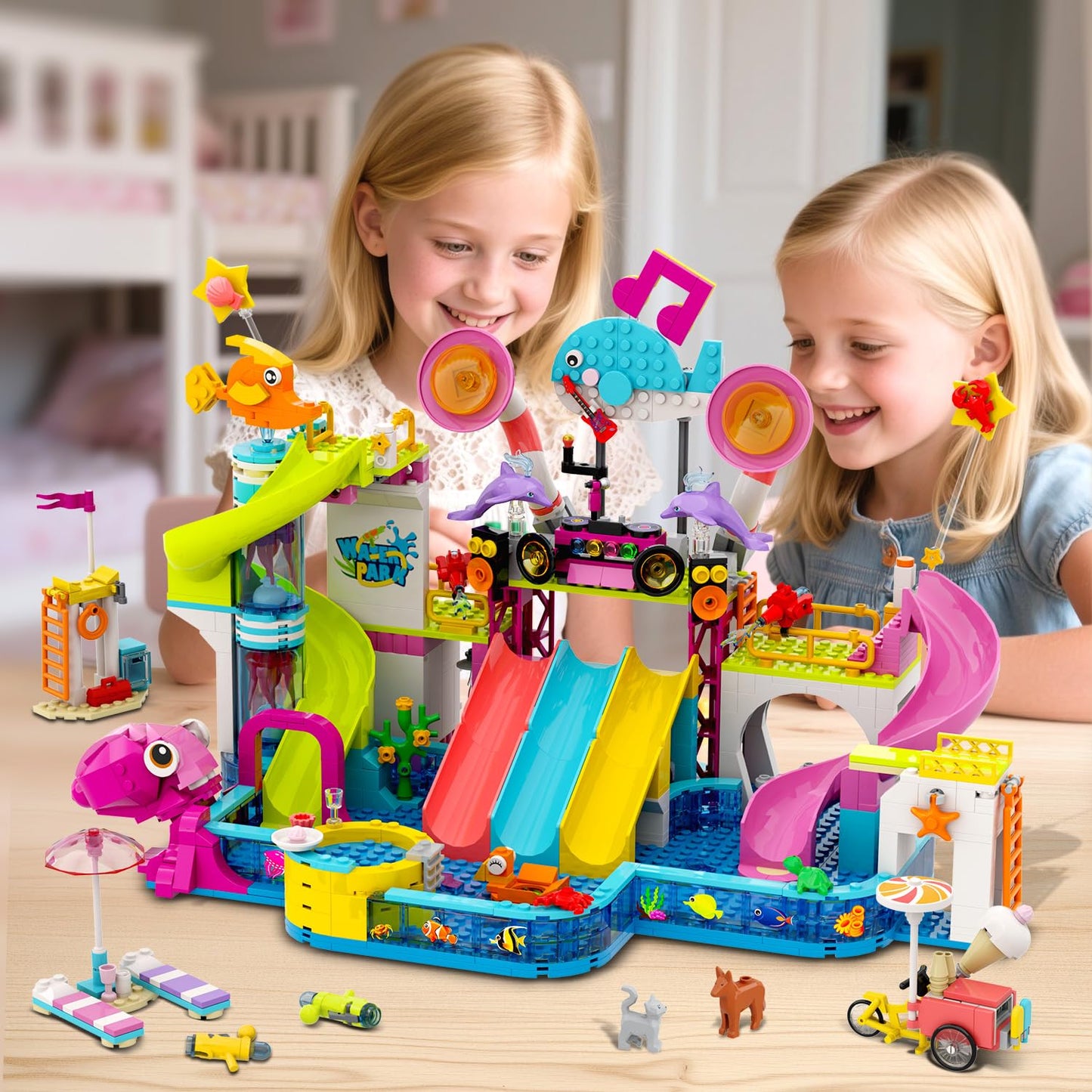 HOGOKIDS Friends Water Park Building Set – 911PCS Summer Fun Toy with 5 Water Slides | Creative Pool Block for Kids 8-12