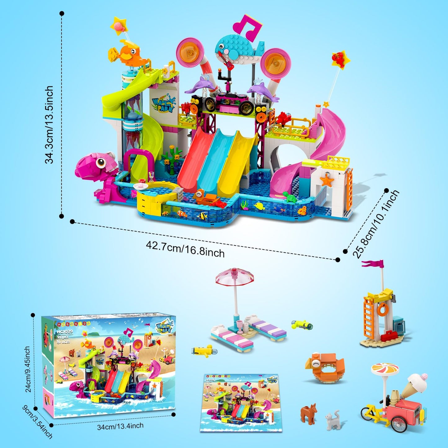 HOGOKIDS Friends Water Park Building Set – 911PCS Summer Fun Toy with 5 Water Slides | Creative Pool Block for Kids 8-12
