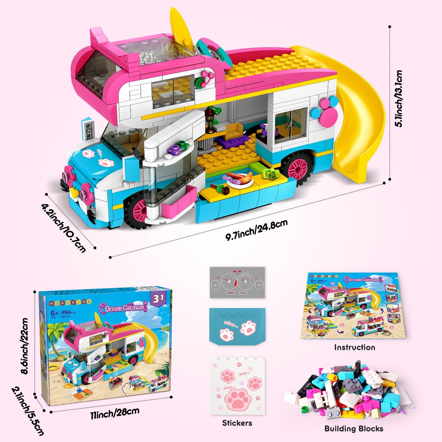 HOGOKIDS 3-in-1 Camper Van Building Set – 494 PCS for Kids 6–12