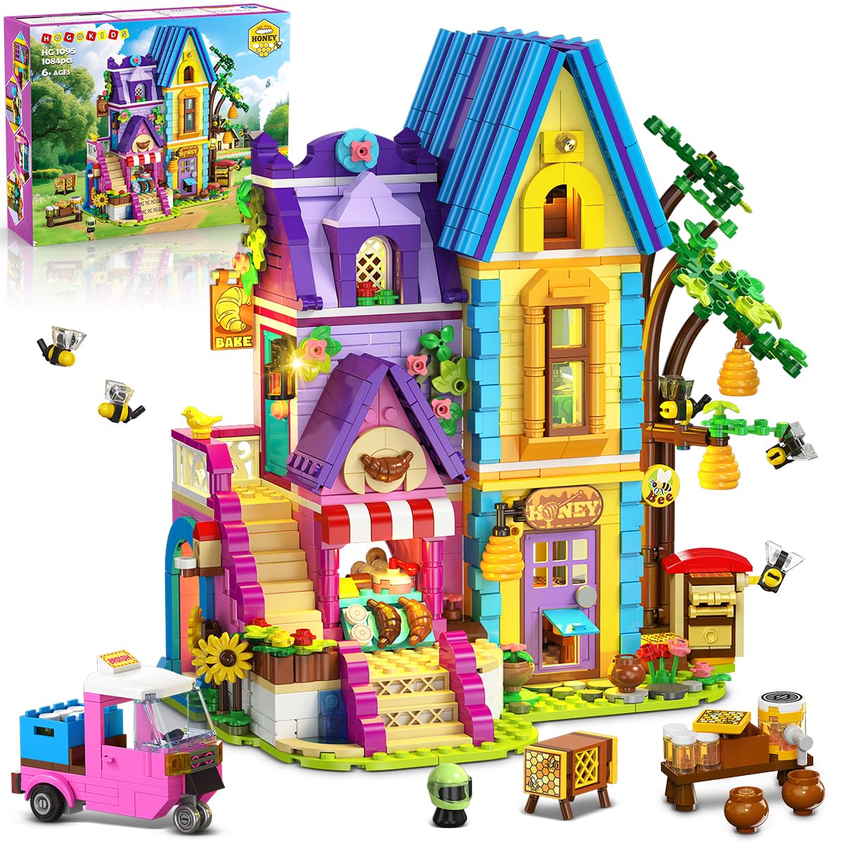 HOGOKIDS Beekeeping & Bakery House - 1084-Piece LED Building Toy for Kids 8–14