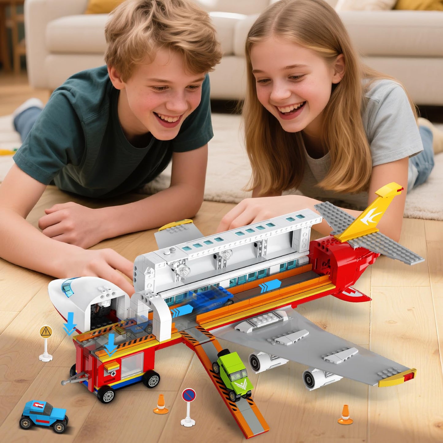 HOGOKIDS 2-Style City Airplane Building Set with LED Light — Plane Building Blocks with 3 Cars (Ages 6-12+)