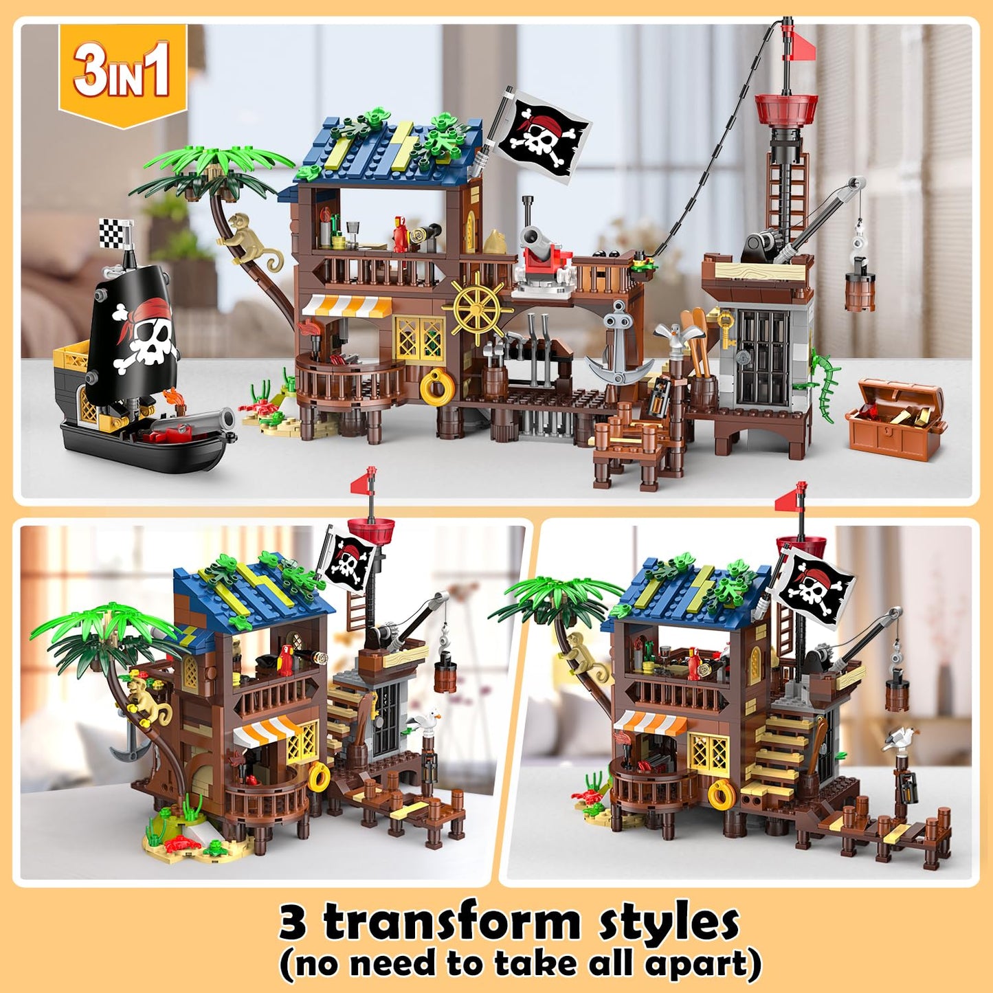 HOGOKIDS Pirate Ship House with LED Light – 781 Pcs STEM Kit (Ages 6-12+)
