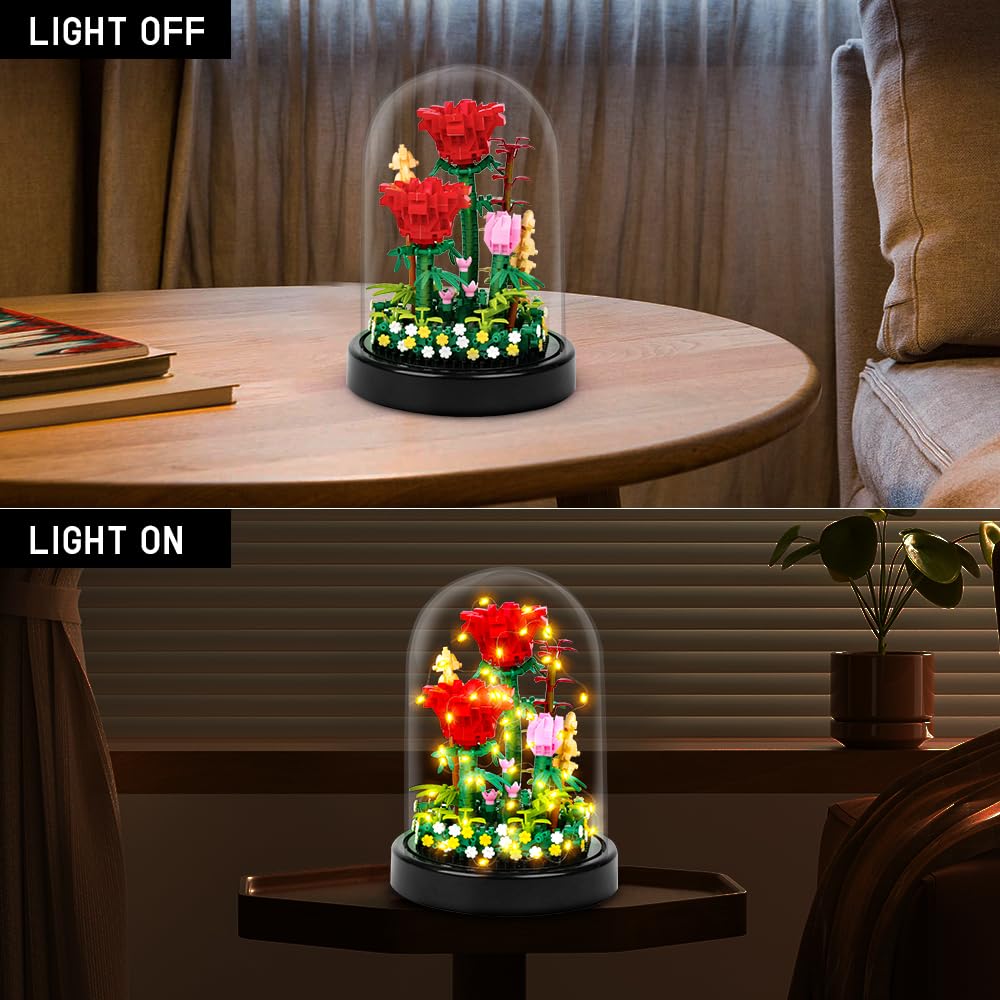 HOGOKIDS Flower Bouquet Building Kit with LED Lighting – 596 Pcs Rose Sets with Cover