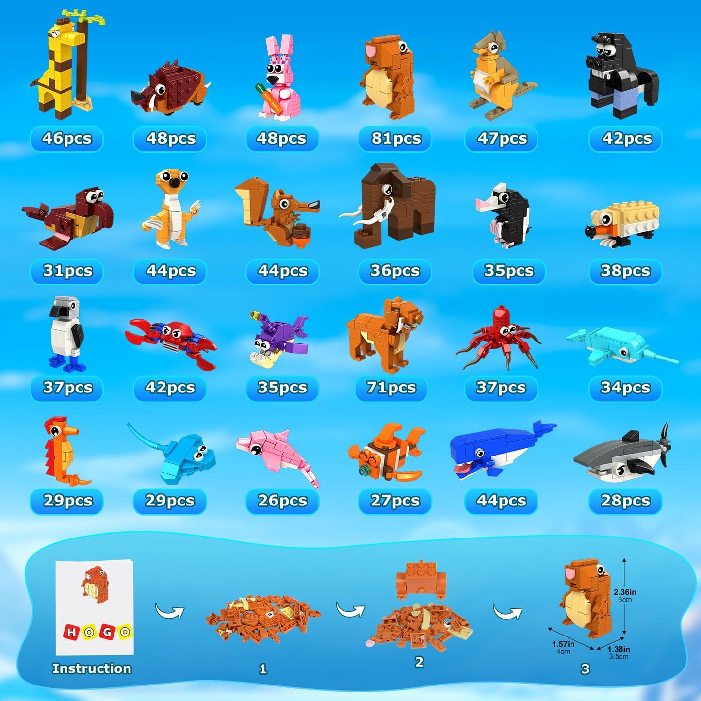 HOGOKIDS 24-Pack Valentines Party Favors – Animal Building Blocks for Kids 6+